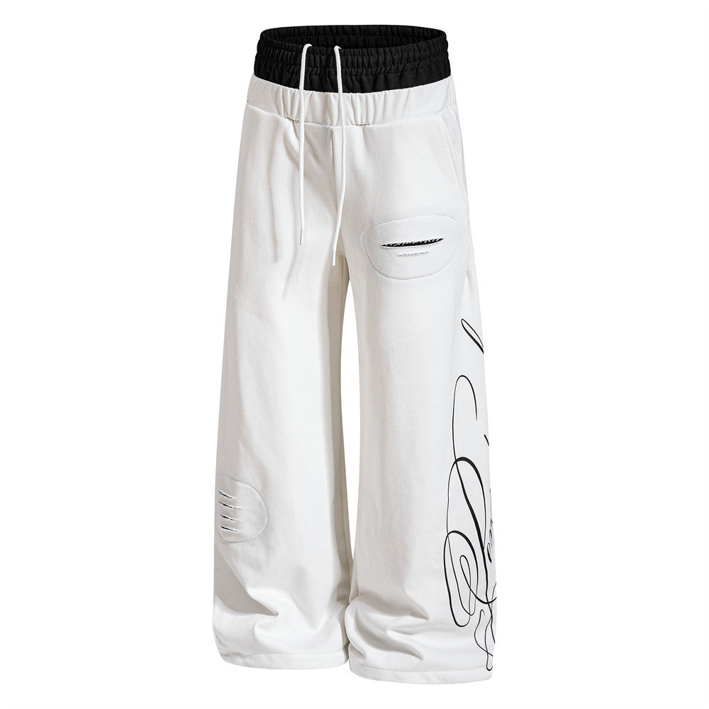 Wide-Leg Sweatpants with Contrast Double Waistband, Distressed Detail & Graphic
