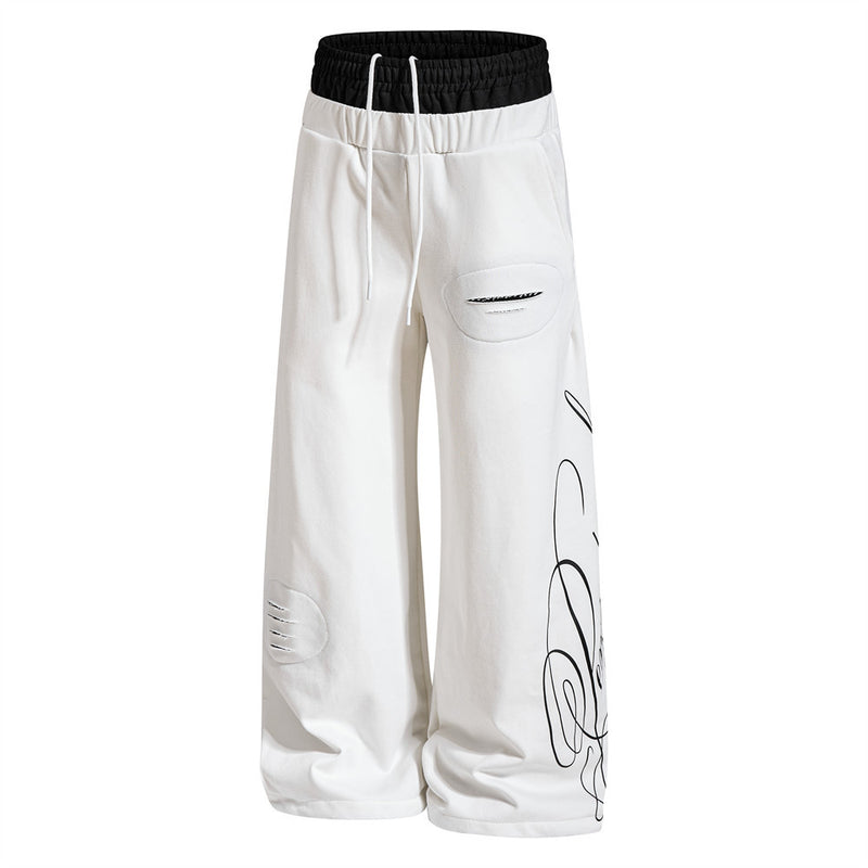 Wide-Leg Sweatpants with Contrast Double Waistband, Distressed Detail & Graphic