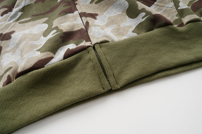 Sweat à capuche zippé camouflage avec broderies florales – Sweat-shirt streetwear oversize