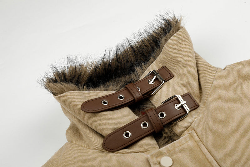 Fur Collar Bomber Jacket with Gothic Letter Embroidery & Quilted Lining