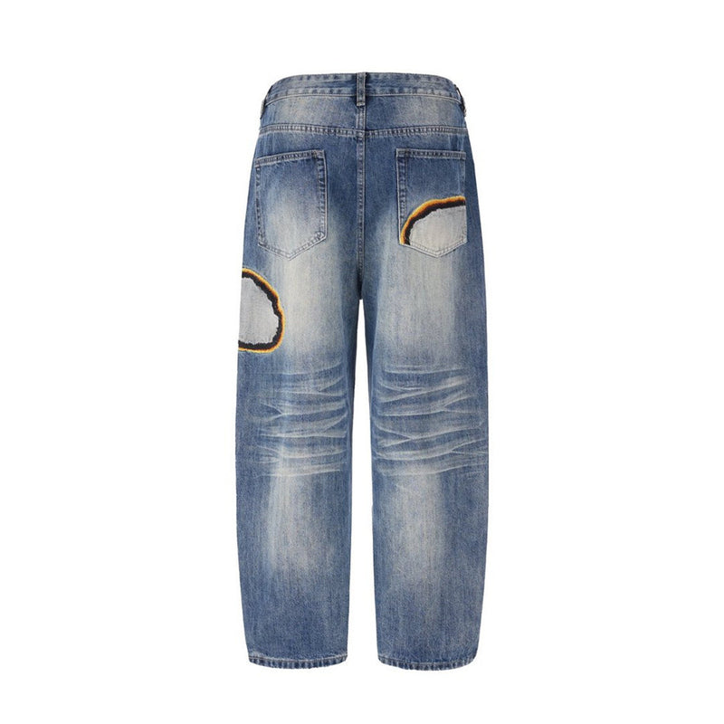 Men's Baggy Straight-Leg Jeans with Embroidered Patch Detail – Distressed Blue