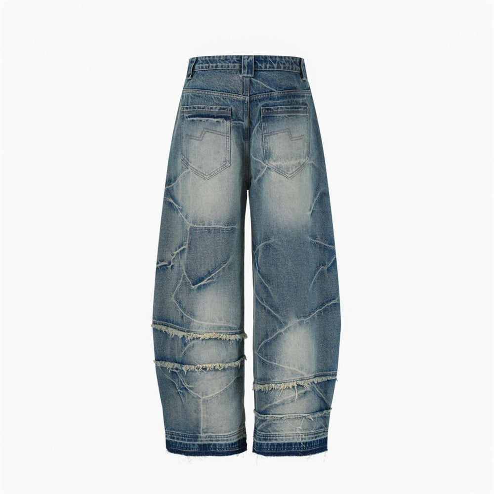 Loose Fit Baggy Jeans Men – Distressed Patchwork Wide-Leg Denim with Raw-Edge
