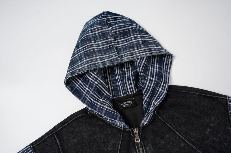 Sudadera con capucha y cremallera de patchwork de cuadros — Chaqueta extragrande de felpa y franela lavadas