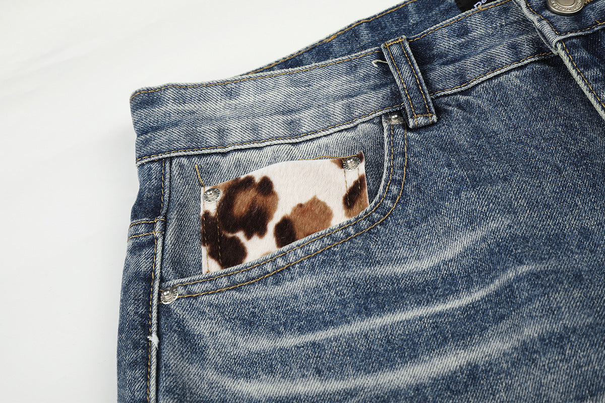 Jean baggy taille mi-haute – Denim délavé à jambes larges avec patchwork étoilé effet vache