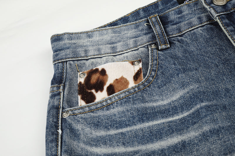 Jean baggy taille mi-haute – Denim délavé à jambes larges avec patchwork étoilé effet vache
