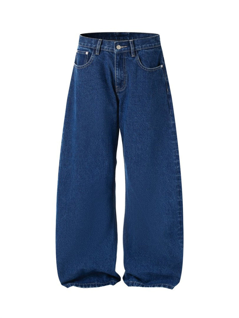 Men's Loose Fit Wide-Leg Jeans – Curved Baggy Silhouette in Dark Blue