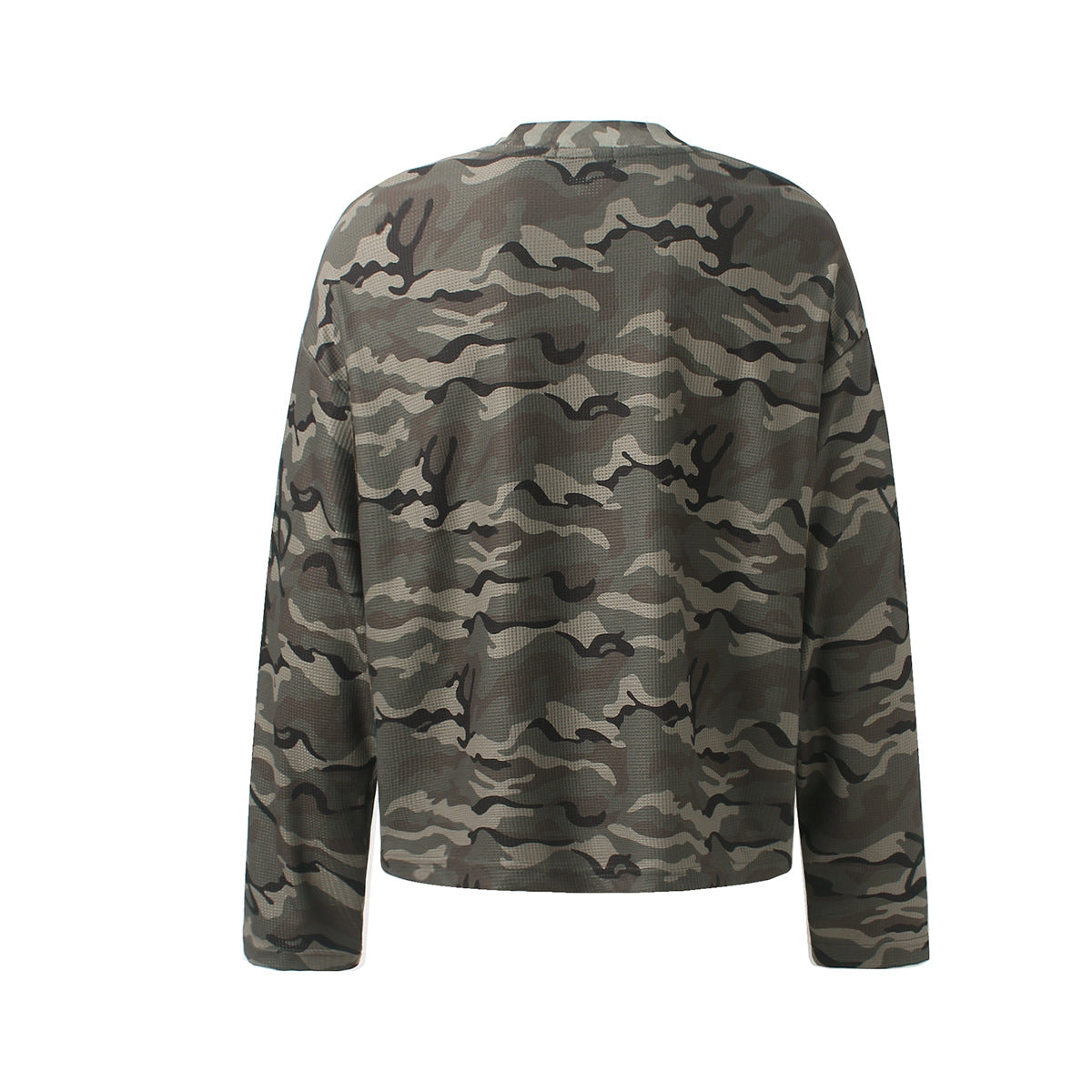 Camo Long Sleeve Waffle Shirt with Studded Graphic Print