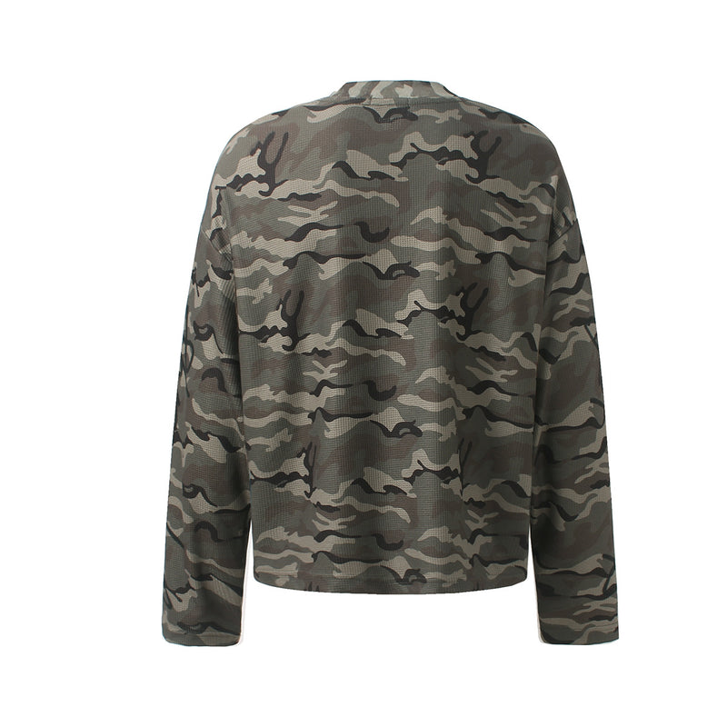 Camo Long Sleeve Waffle Shirt with Studded Graphic Print