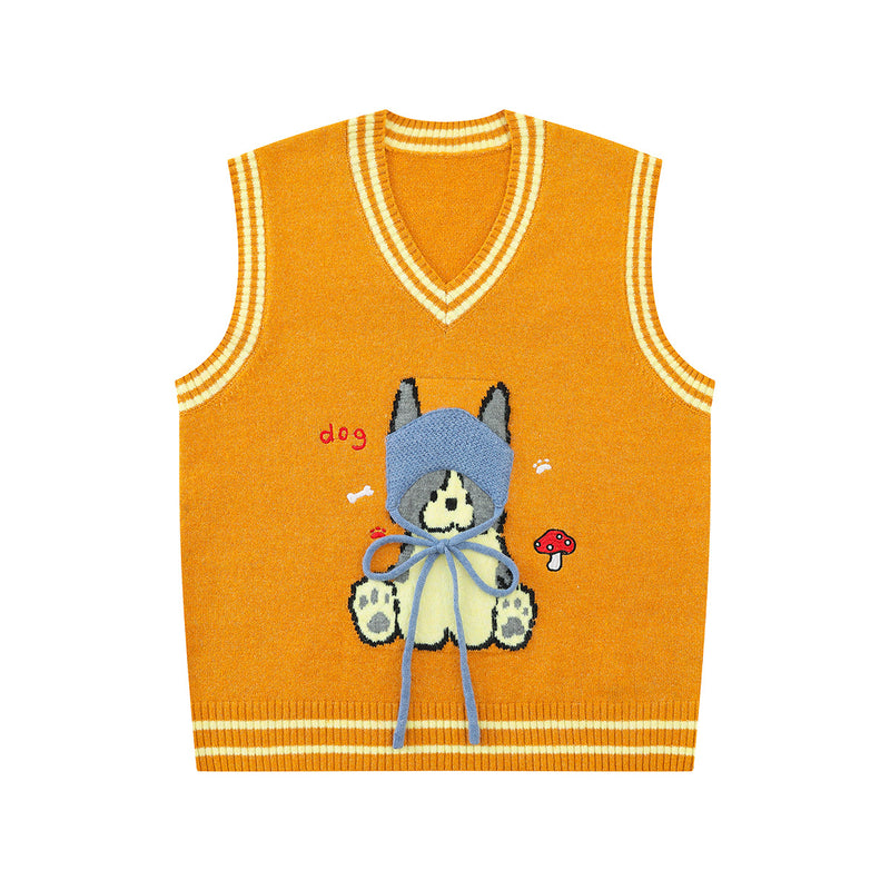 Cartoon Dog Knit Sweater Vest V-Neck Collegiate Stripe Sleeveless Pullover