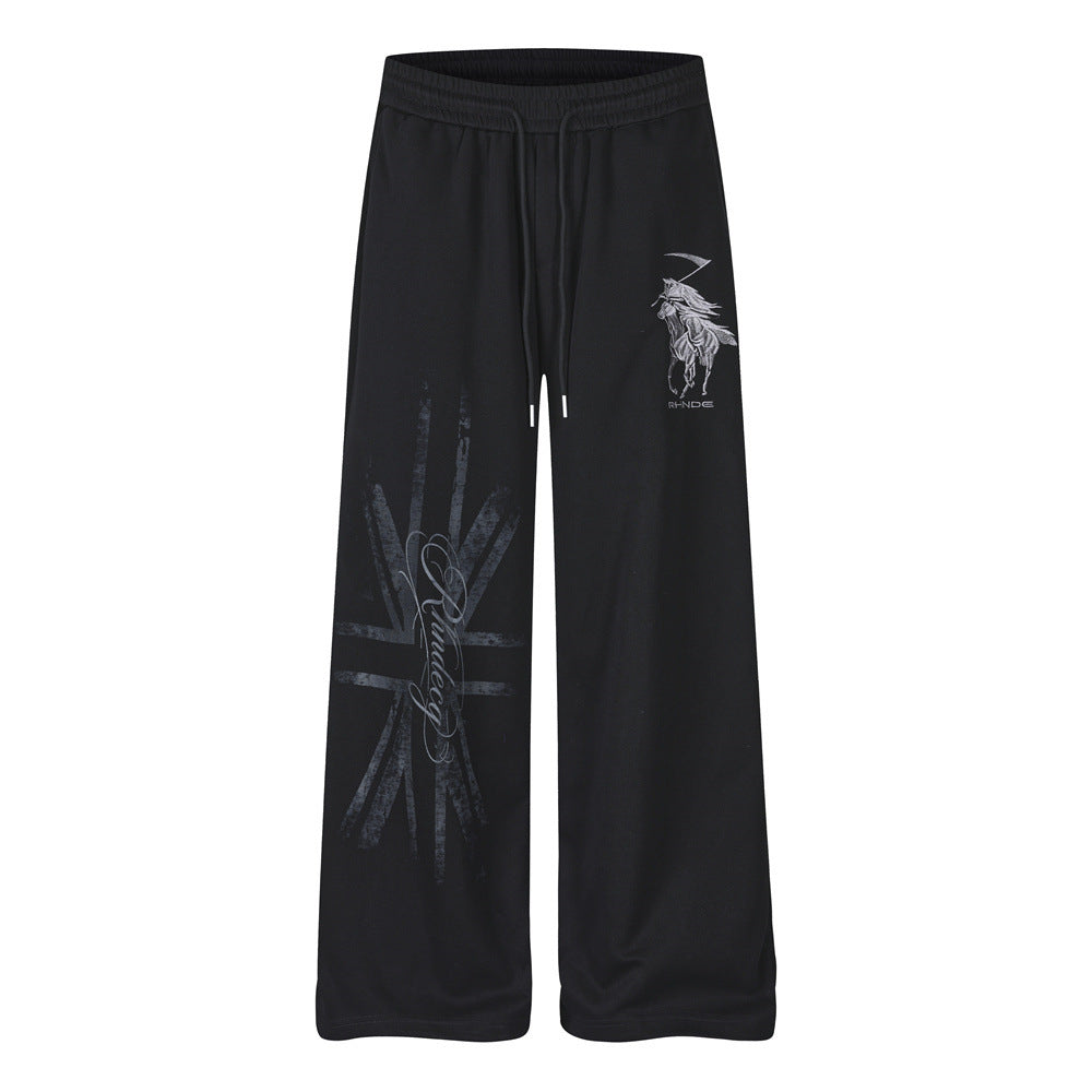Grim Reaper Embroidered Baggy Sweatpants – Wide Leg Hip-Hop Street Pants