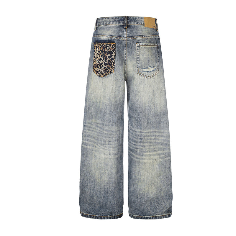 Jean baggy bleu clair à poches léopard – Denim large délavé et déchiré