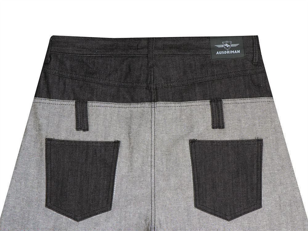 Jean wide leg bicolore – Ceinture contrastante et broderie script
