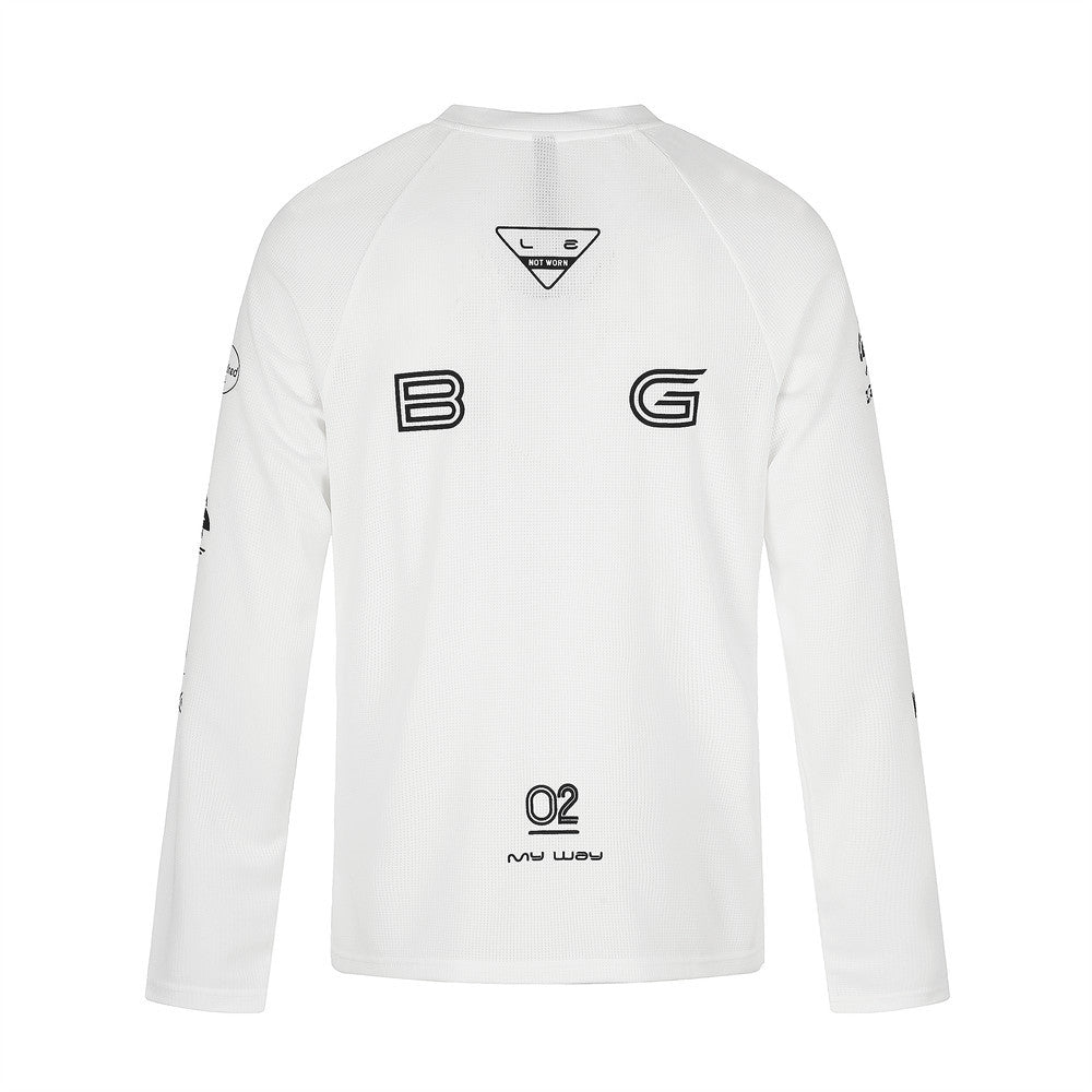 White long sleeve crew neck shirt back with B and G logo prints and O2 detail