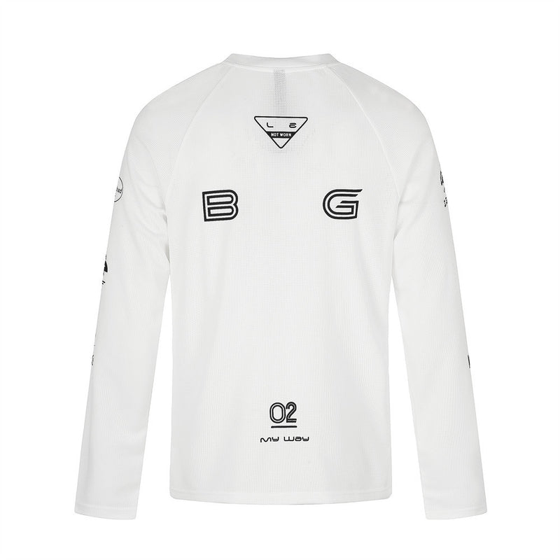 White long sleeve crew neck shirt back with B and G logo prints and O2 detail