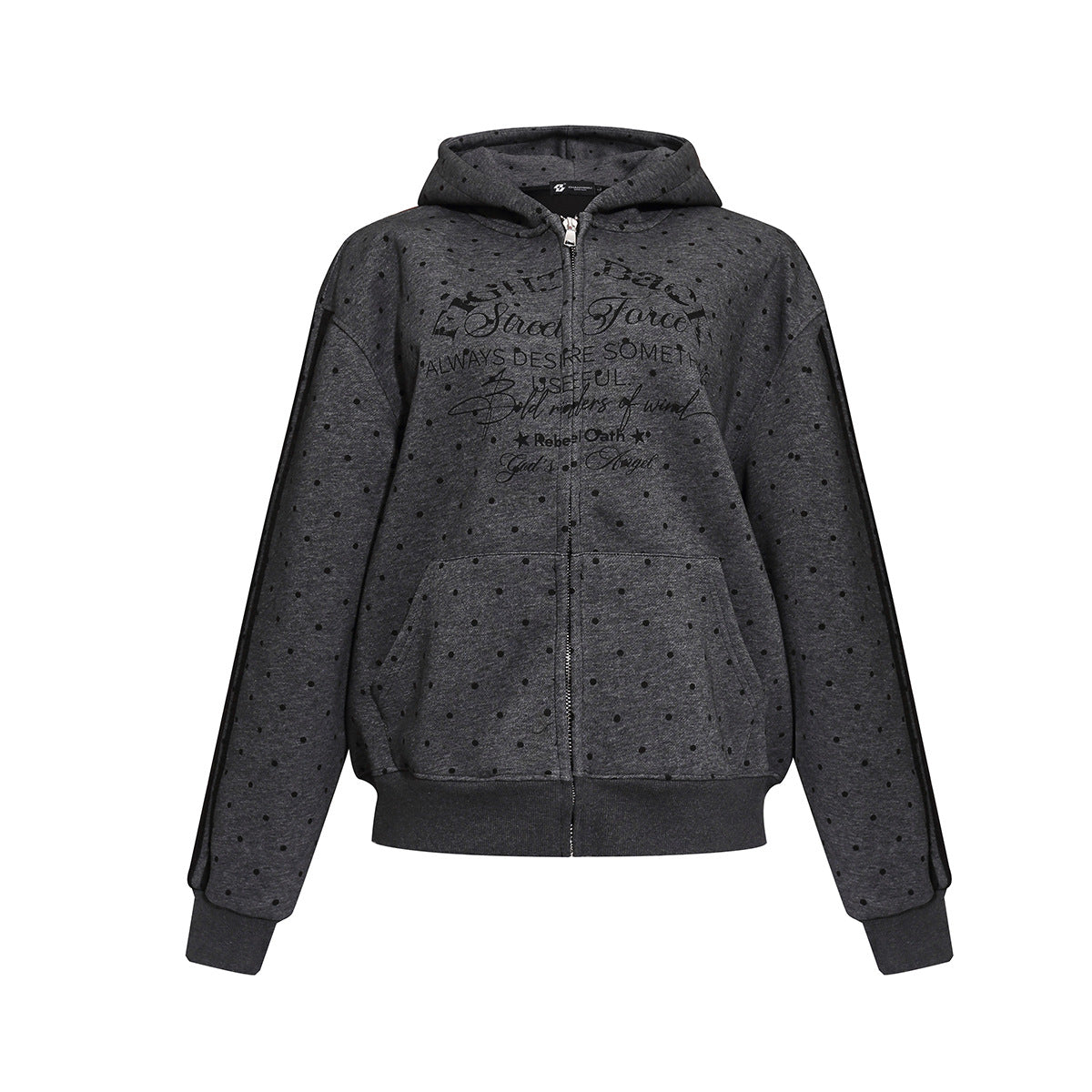 Zip-Hoodie mit Polka-Dots, Street-Grafikprint und kontrastierenden Seitenstreifen in Anthrazitgrau und Offwhite