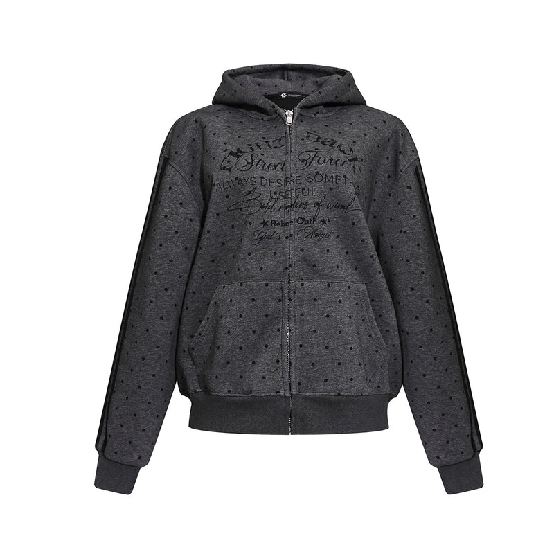 Zip-Hoodie mit Polka-Dots, Street-Grafikprint und kontrastierenden Seitenstreifen in Anthrazitgrau und Offwhite