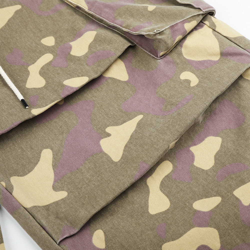 Camo Cargo Wide-Leg Pants – Vintage Washed, Multi-Pocket, Drawstring Waist