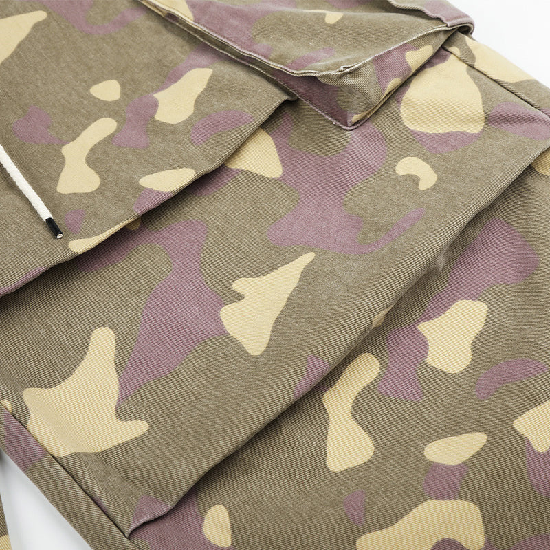 Camo Cargo Wide-Leg Pants – Vintage Washed, Multi-Pocket, Drawstring Waist