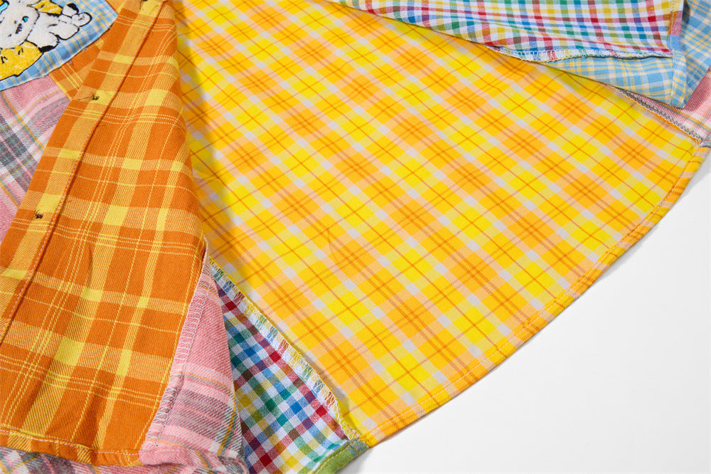 Patchwork Plaid Long Sleeve Shirt with Cartoon Puppy Embroidery — Oversized
