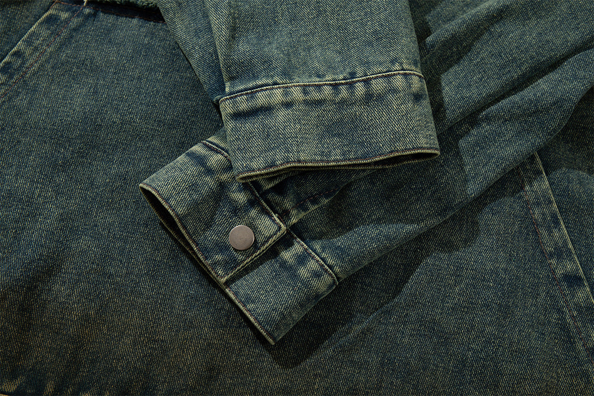 Boxy Washed Denim Hoodie Jacket with 88 Embroidered Patches