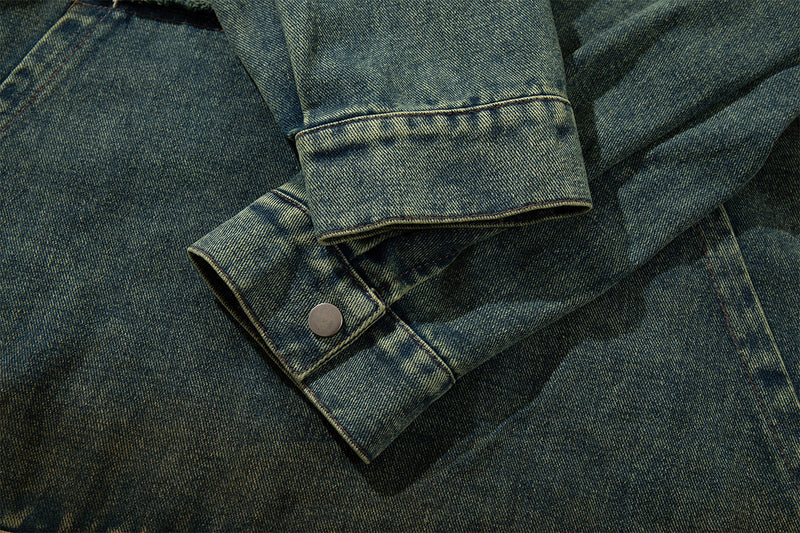 Boxy Washed Denim Hoodie Jacket with 88 Embroidered Patches