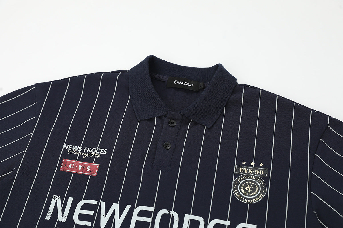 Men's Short Sleeve Pinstripe Polo Shirt – Oversized Varsity Graphic Jersey