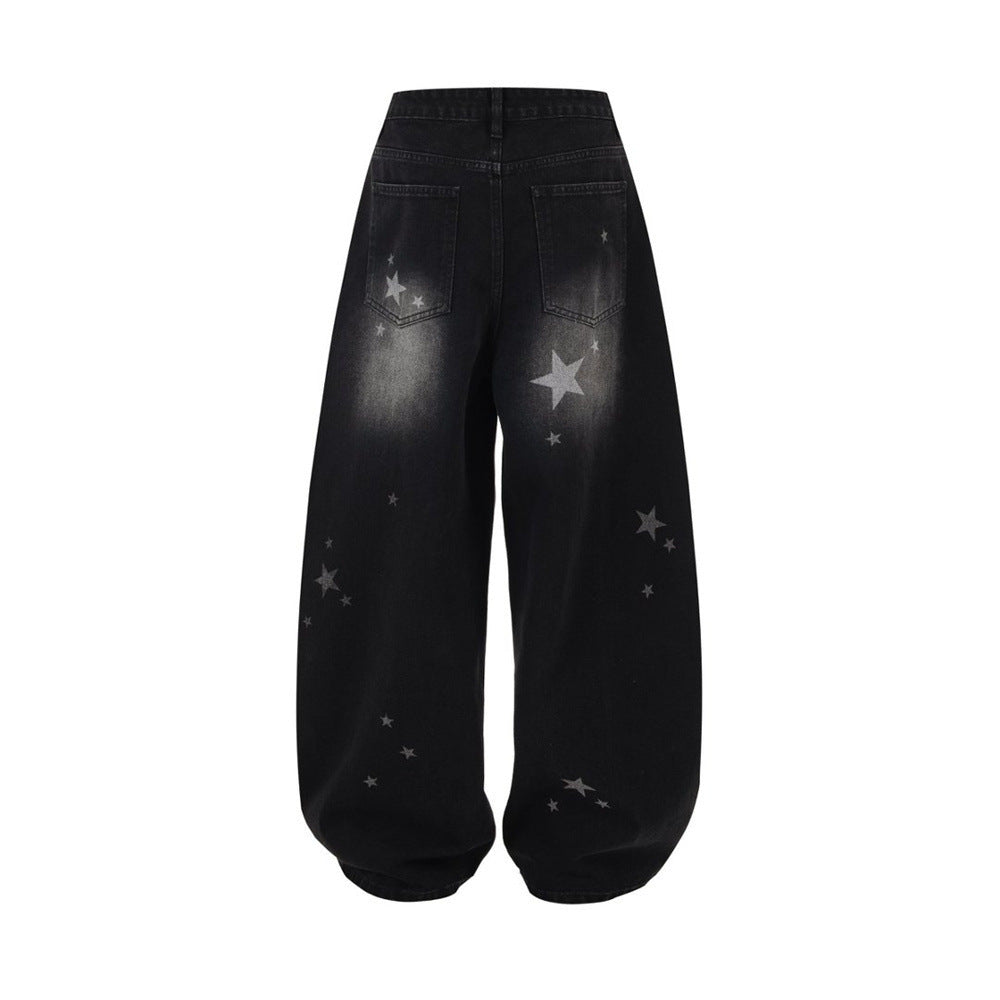 Star Print Wide-Leg Jeans – Men's Baggy Black Denim with Heart Charm
