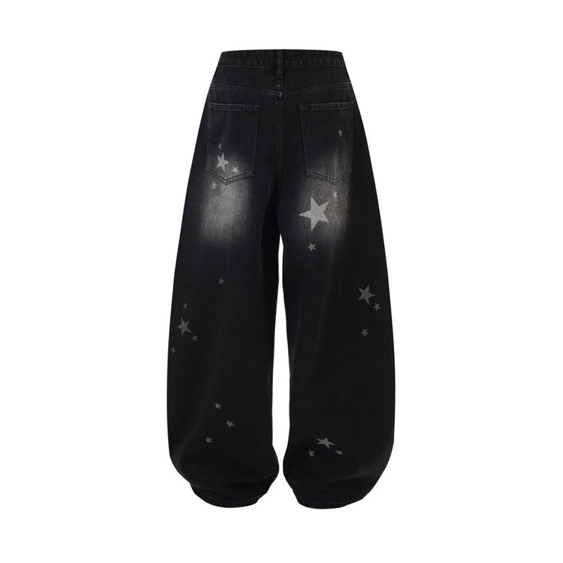 Star Print Wide-Leg Jeans – Men's Baggy Black Denim with Heart Charm