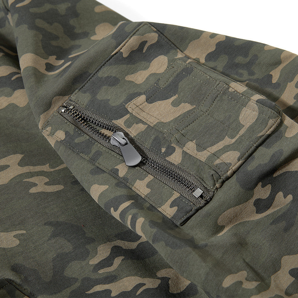 Blouson bomber homme camouflage à capuche, fermeture zippée et manches plissées