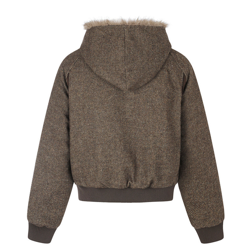 Fur-Trim Hooded Wool-Blend Bomber Jacket with Asymmetric Button Placket