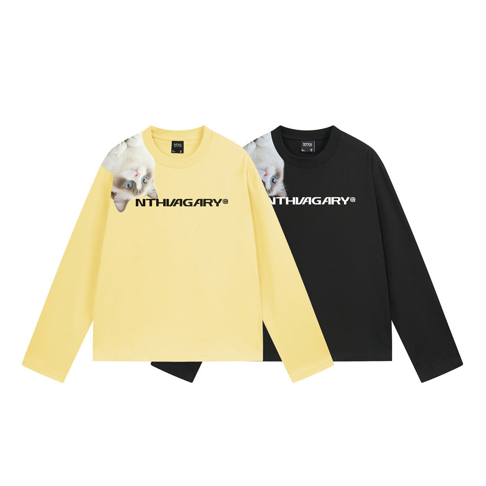 Langarmshirt mit Rundhalsausschnitt und 3D-Katzengrafik-Druck – Lässige Passform