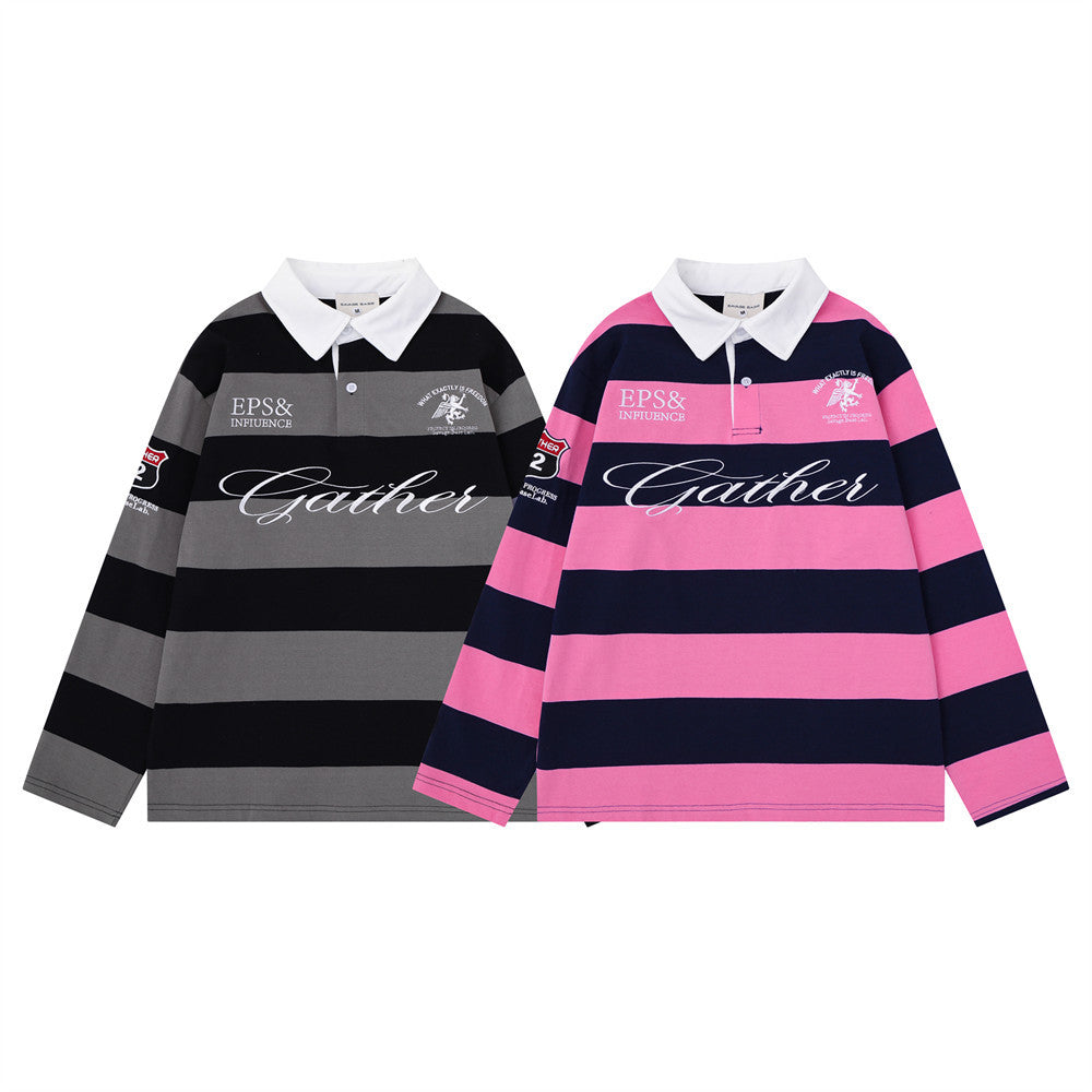 Striped Rugby Polo Shirt – Long Sleeve Color-Block Oversized Fit with Letter