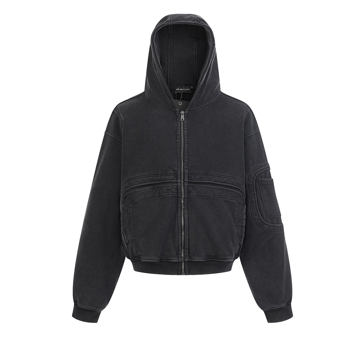 Veste à capuche zippée à multiples poches – Délavage acide vintage