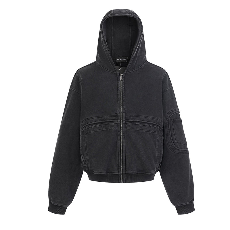 Veste à capuche zippée à multiples poches – Délavage acide vintage