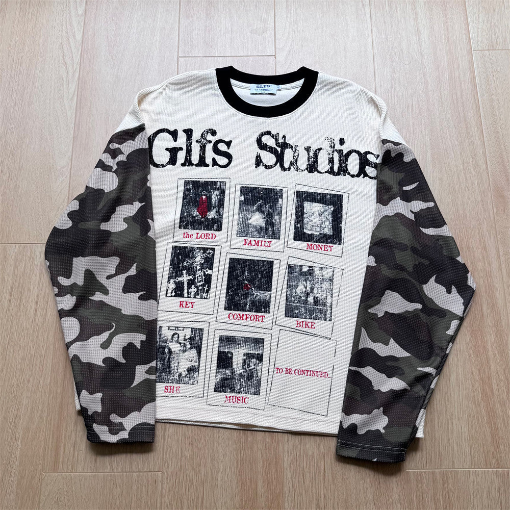 Long Sleeve Graphic Shirt – Waffle Knit Body with Camo Sleeves & Glfs Studios