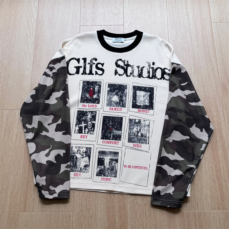 Long Sleeve Graphic Shirt – Waffle Knit Body with Camo Sleeves & Glfs Studios