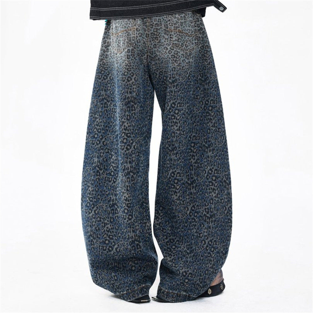 Leopard Print Wide-Leg Baggy Jeans – Oversized Curved Denim Pants