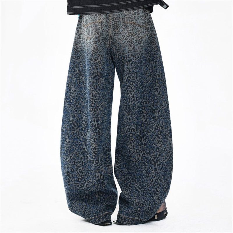 Leopard Print Wide-Leg Baggy Jeans – Oversized Curved Denim Pants