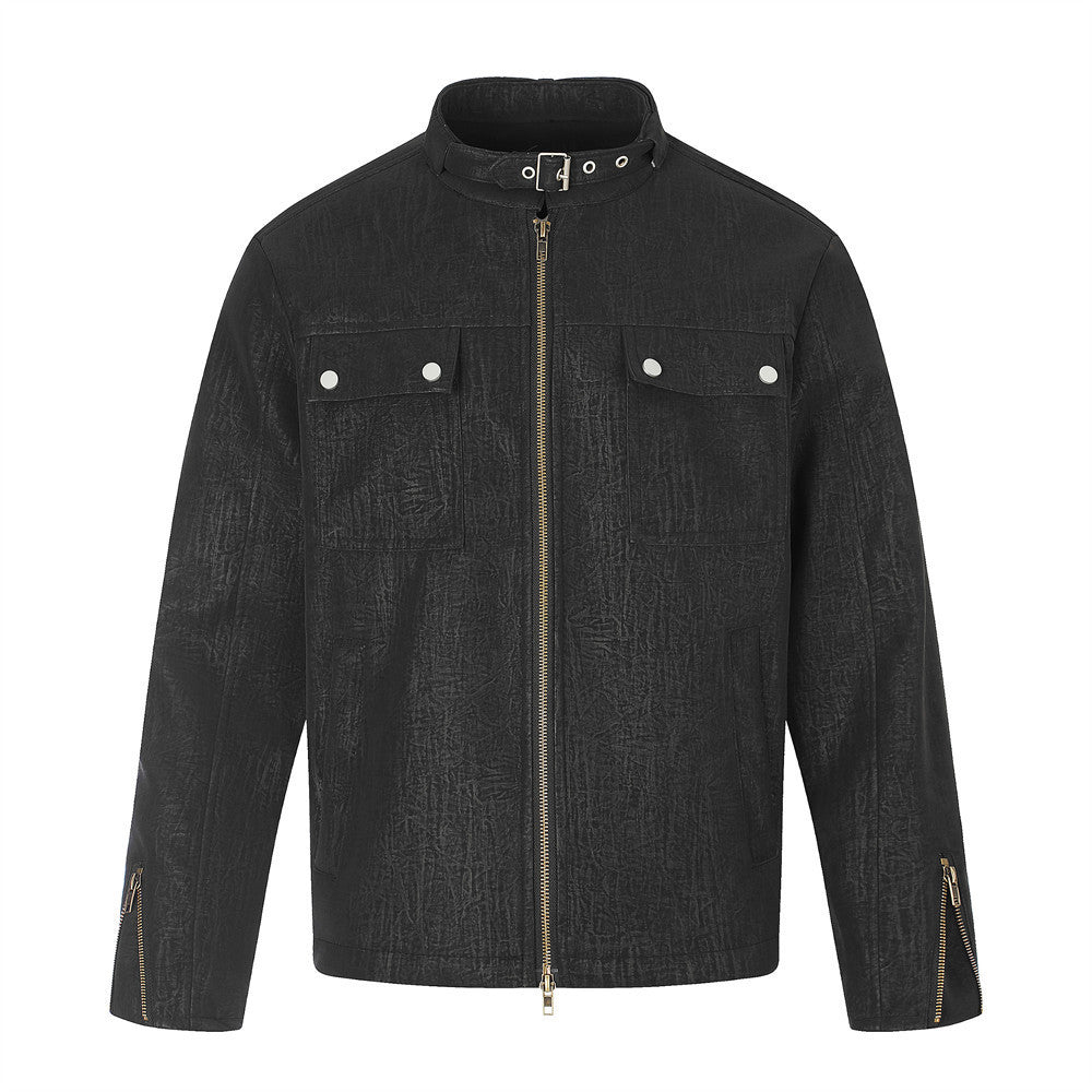 Men's relaxed-fit stand collar moto jacket with crinkle texture, chest pockets, and zip cuffs in black