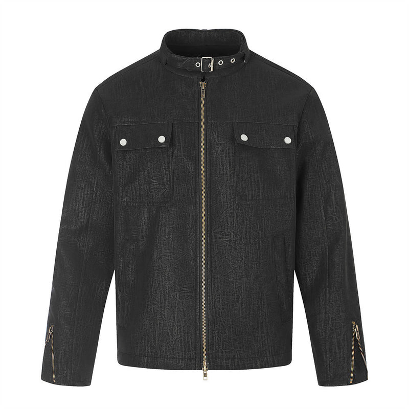 Men's relaxed-fit stand collar moto jacket with crinkle texture, chest pockets, and zip cuffs in black