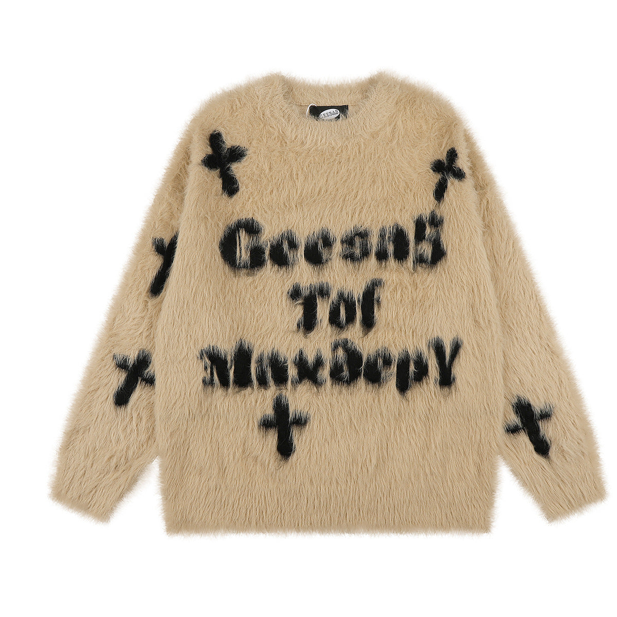 Oversized fuzzy knit crewneck sweater in khaki with gothic cross and letter graphics on front