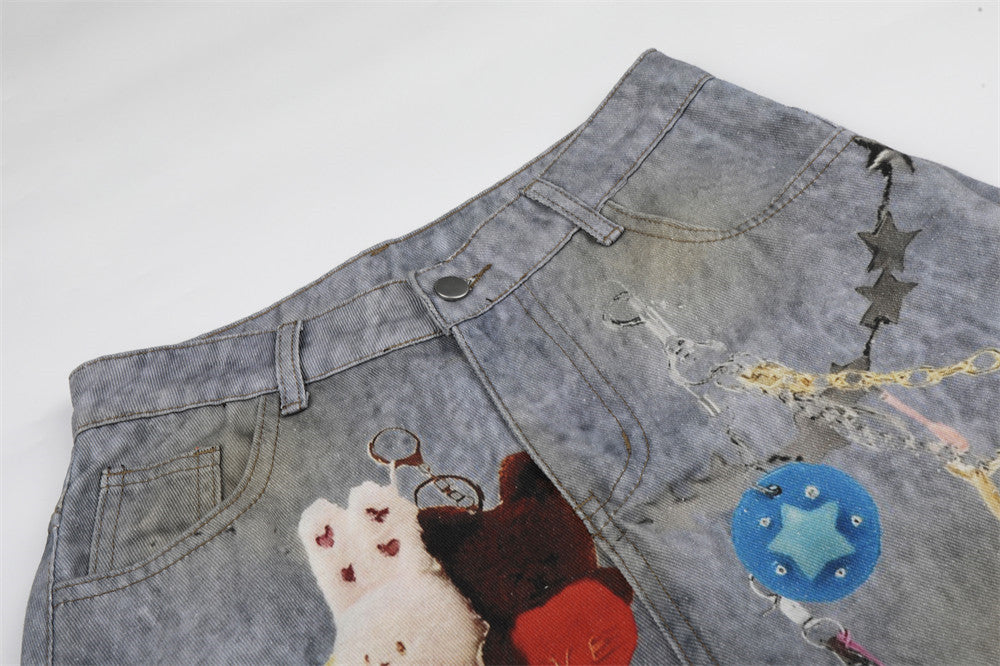 Wide-Leg Distressed Jeans – Digital Print Charms & Ripped Washed Denim