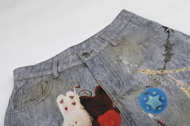 Wide-Leg Distressed Jeans – Digital Print Charms & Ripped Washed Denim