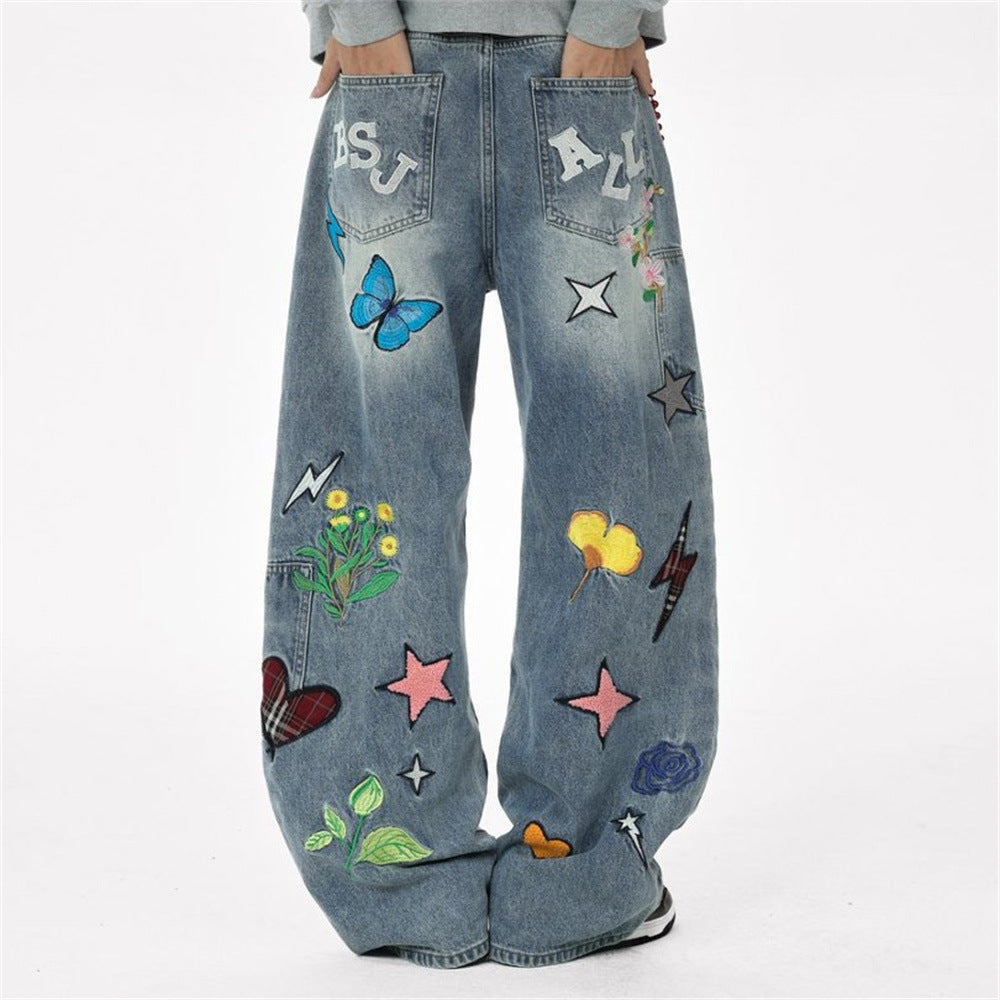 Wide-Leg Jeans with Embroidered Patches – Stars, Butterflies & Roses on Washed