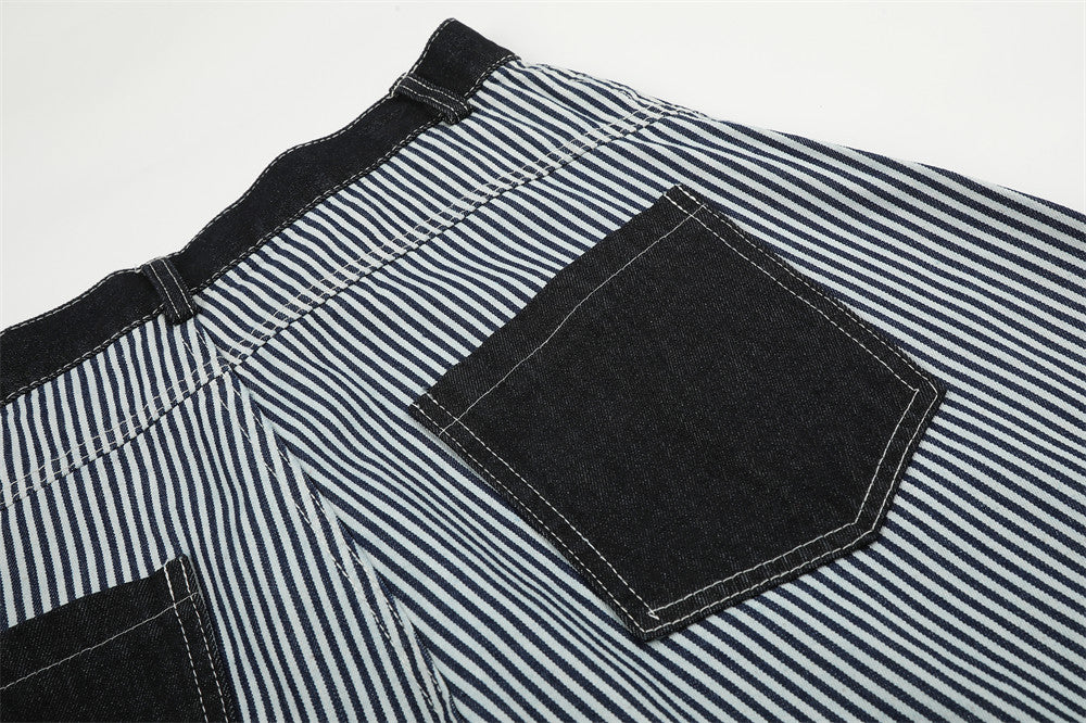 Striped Wide-Leg Barrel Jeans with Contrast Denim Pockets