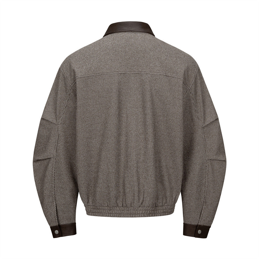 Men's Houndstooth Wool-Blend Bomber Jacket with Leather Collar & Cuffs