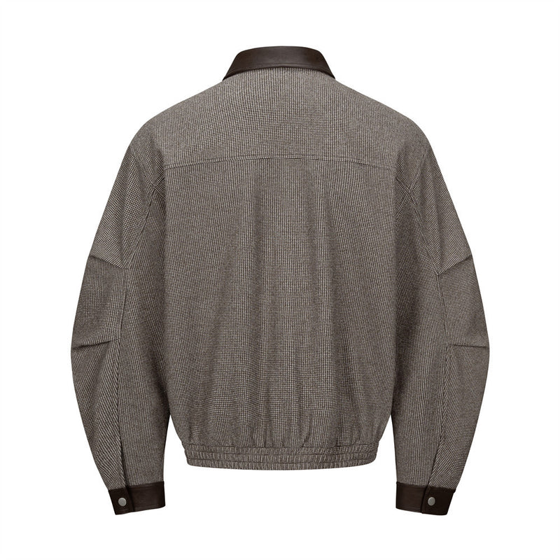 Men's Houndstooth Wool-Blend Bomber Jacket with Leather Collar & Cuffs