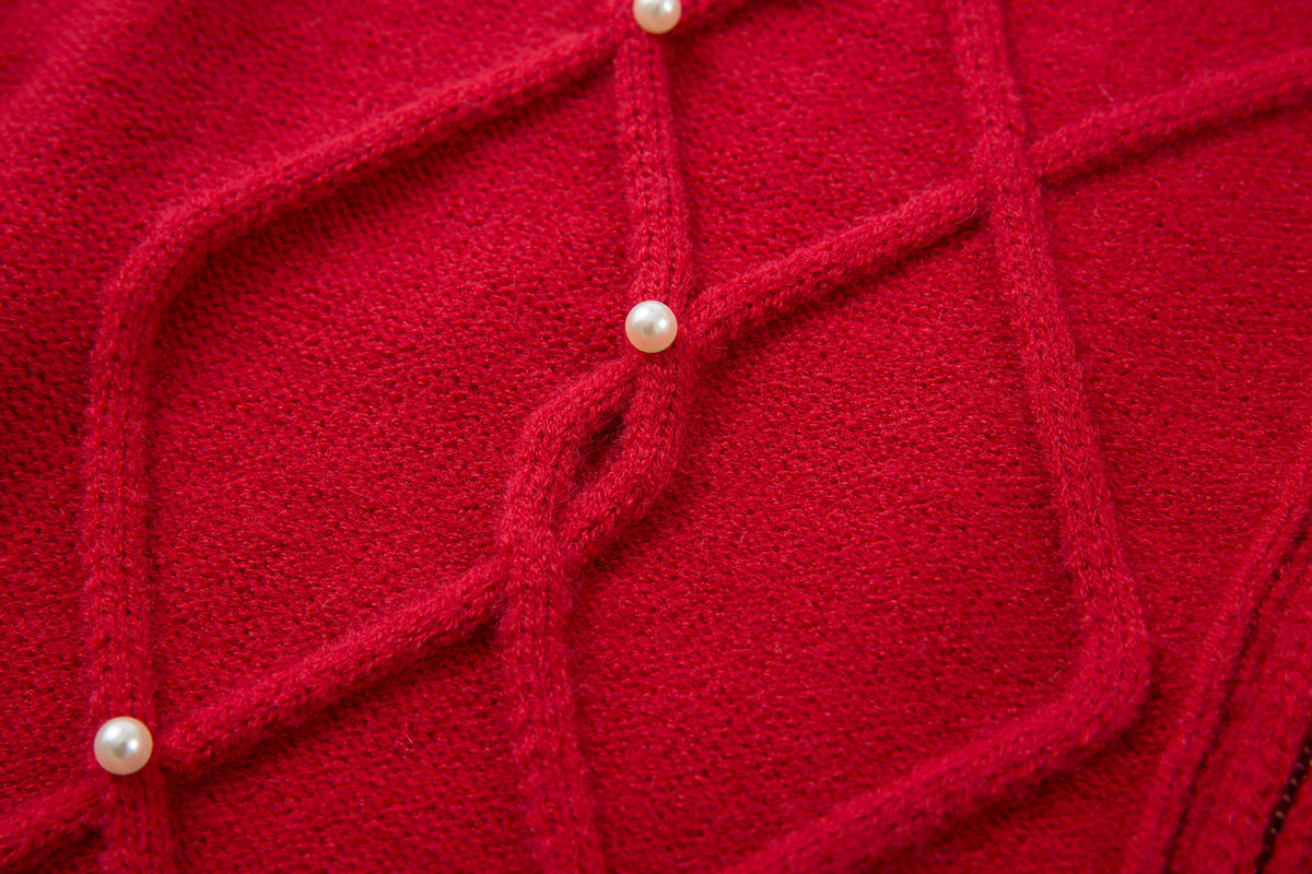 Cable Knit Zip-Up Sweater Jacket with Pearl Embellishments