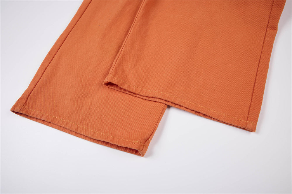 Wide-Leg Cargo Pants – Relaxed Fit Multi-Pocket Straight Trousers in Orange