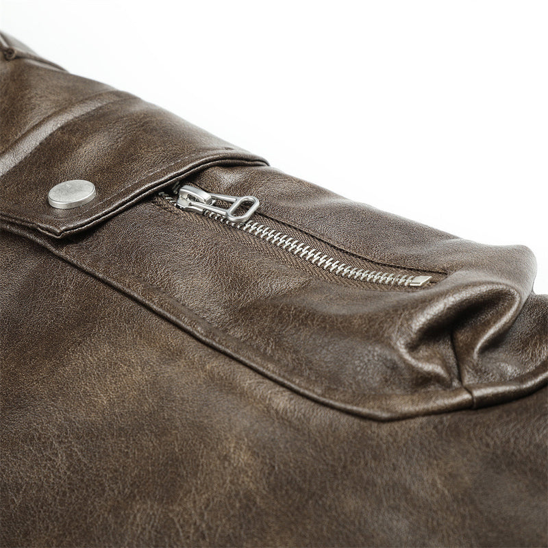 Men's Faux Leather Fur-Lined Bomber Jacket with High Collar & Asymmetric Placket